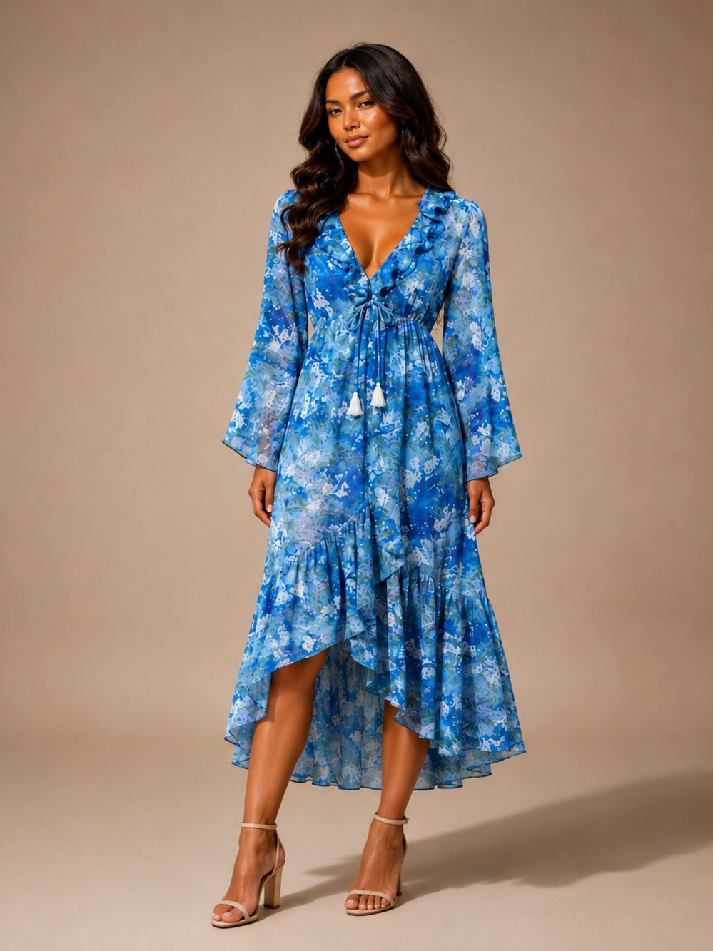 Blue Floral High-Low Ruffle Midi Dress